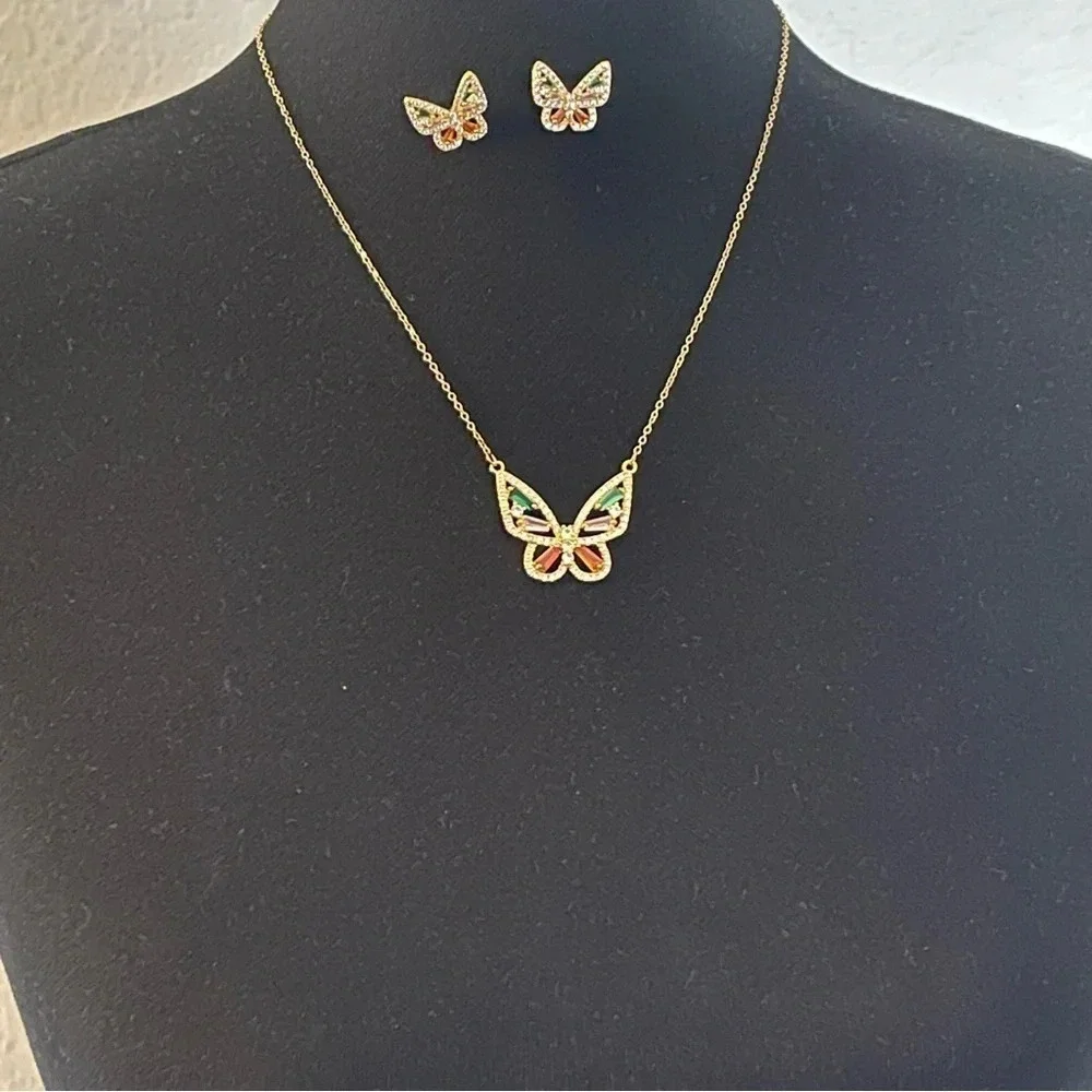 Stainless Steel Copper 18k Gold Plated Butterfly Zircon Earrings & Necklace Set